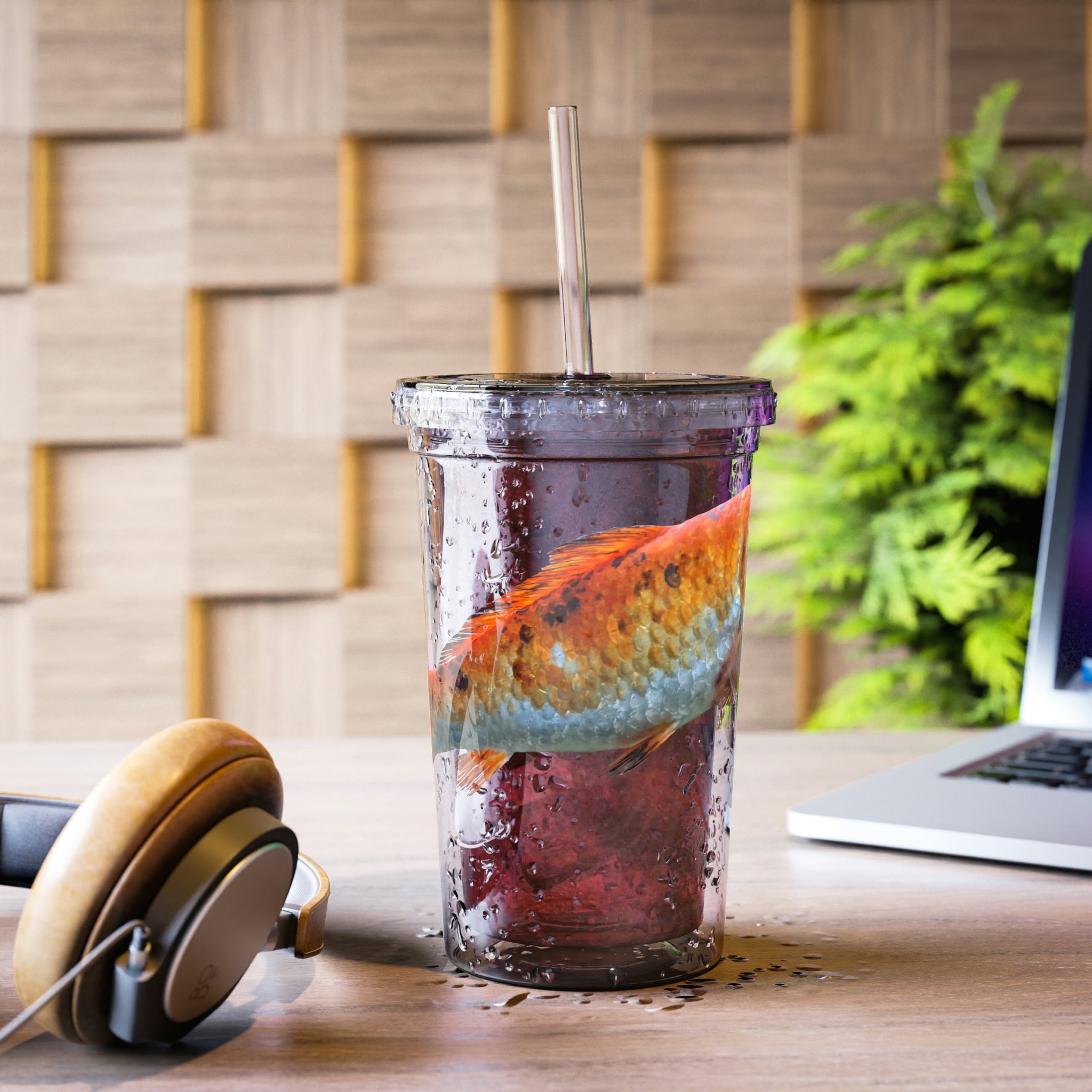 Orange Fish Suave Acrylic Cup with double-wall insulation and vibrant design, perfect for hot and cold beverages.