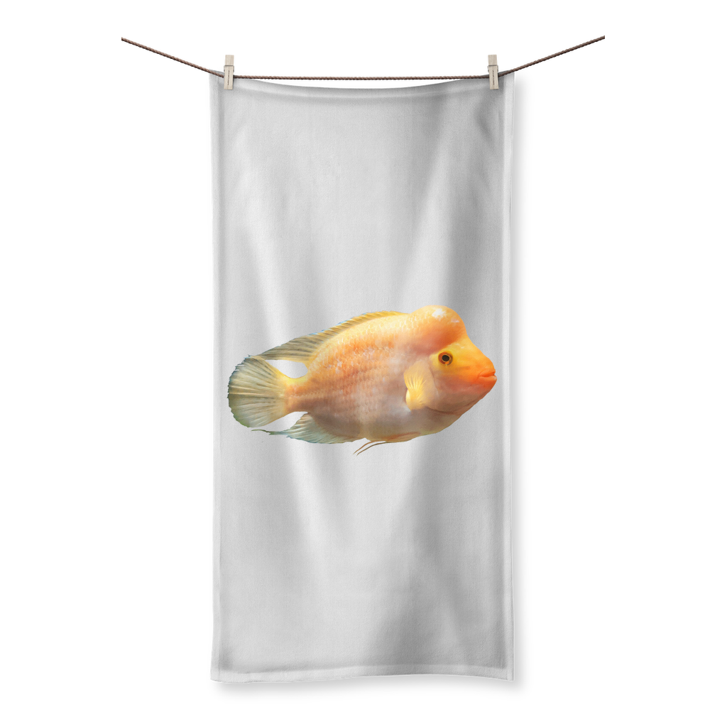 Orange Fish Sublimation All Over Towel showcasing vibrant colors and soft texture, perfect for beach or bath use.