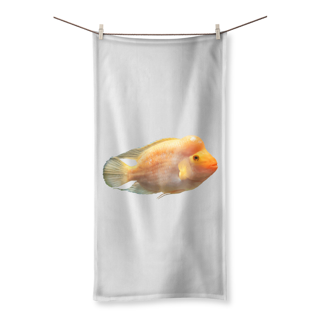 Orange Fish Sublimation All Over Towel showcasing vibrant colors and soft texture, perfect for beach or bath use.