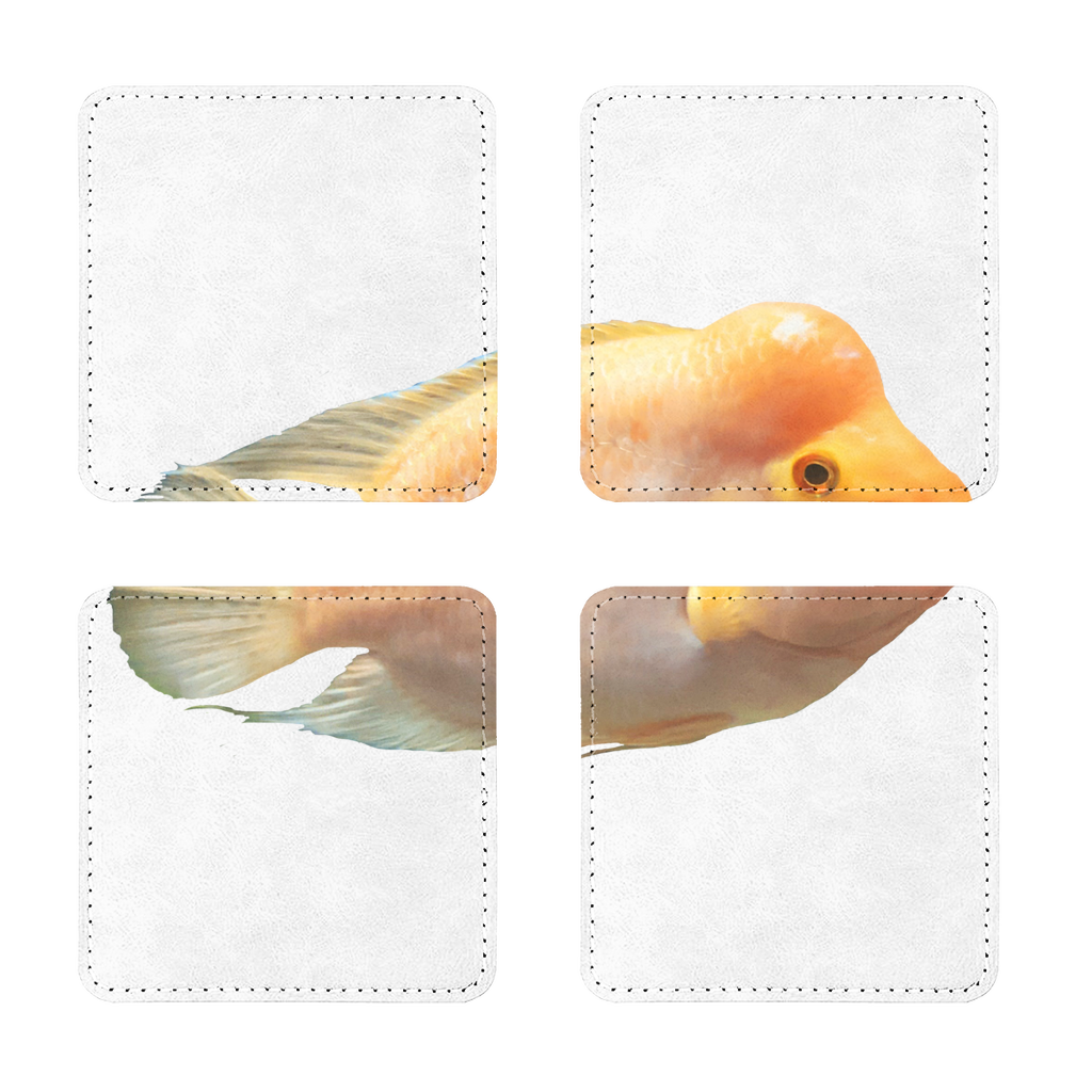 Pack of four orange fish sublimation coasters made of PU leather, showcasing square and round shapes with white stitching.