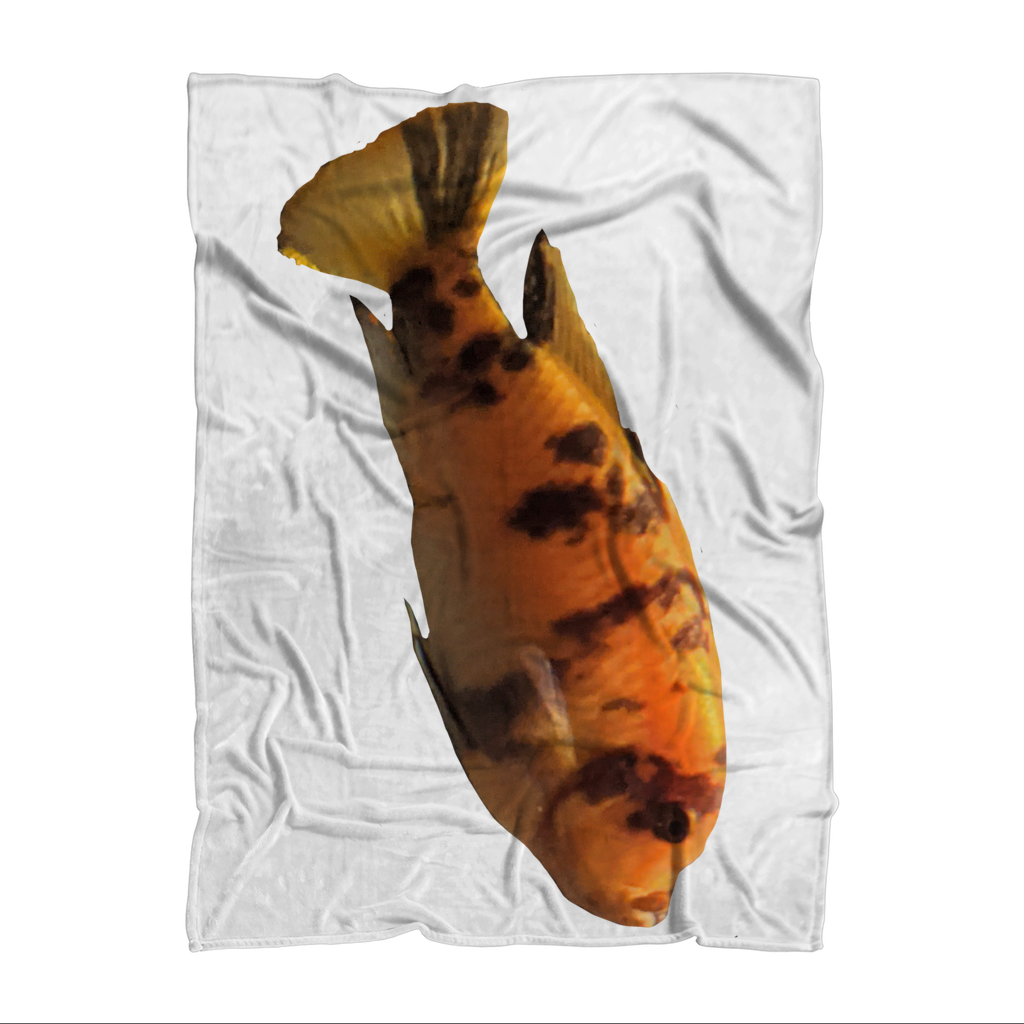 Orange Fish Sublimation Throw Blanket made from soft polyester fleece, featuring a vibrant fish design on the front and a white back.