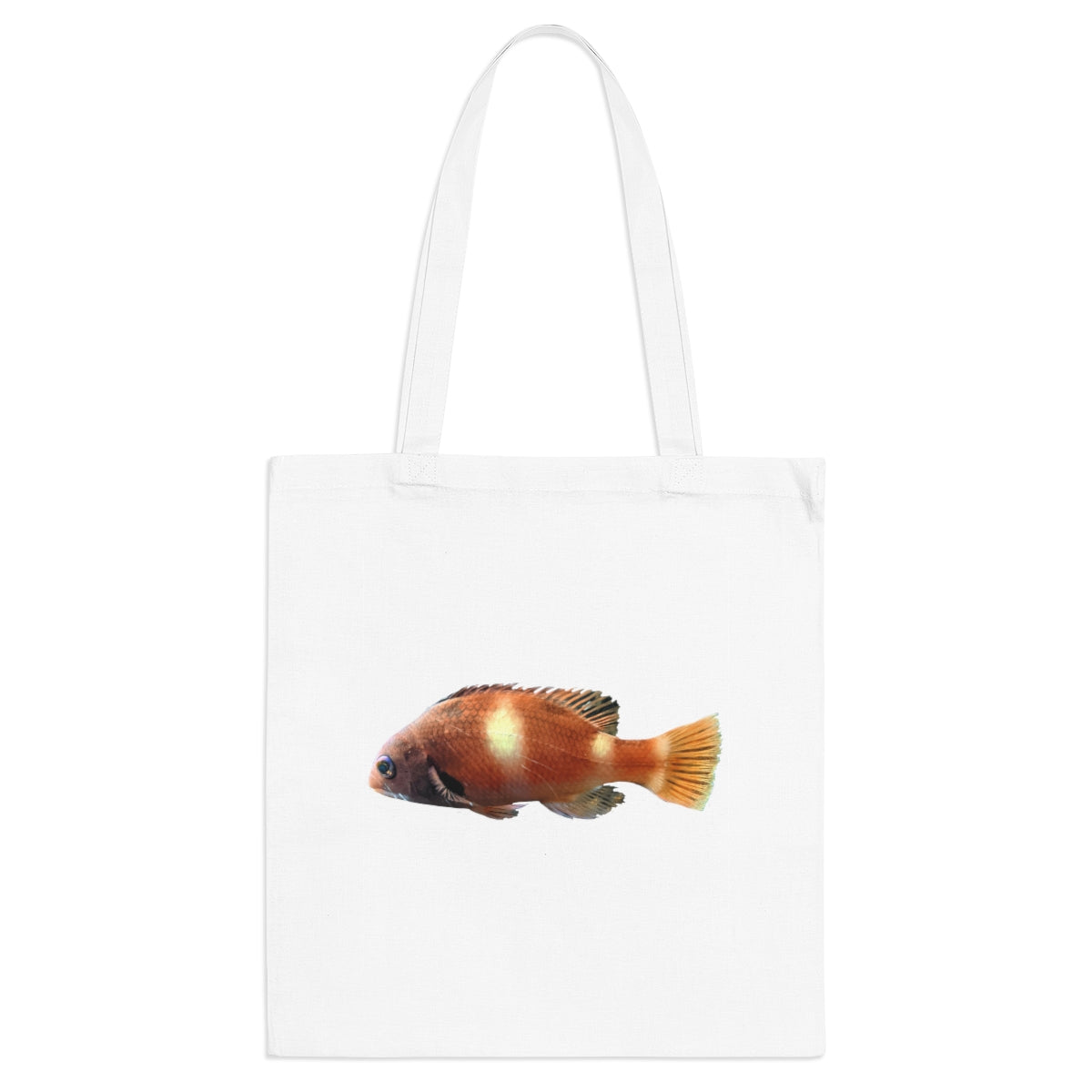 Orange Fish Tote Bag made of 100% cotton with cross-stitched handles, perfect for everyday use.