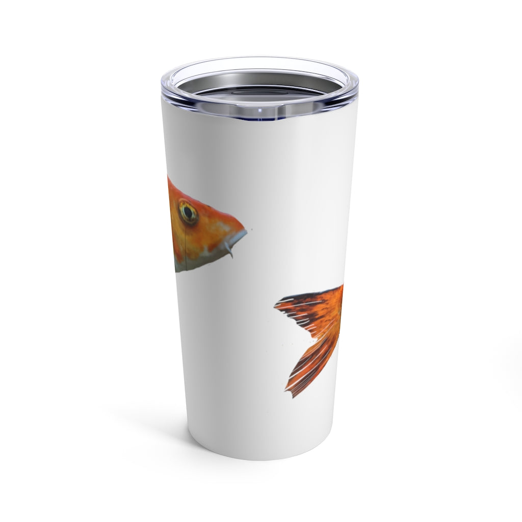 Orange Fish Tumbler 20oz made of stainless steel with a vibrant orange color and a see-thru plastic lid, perfect for travel and outdoor use.