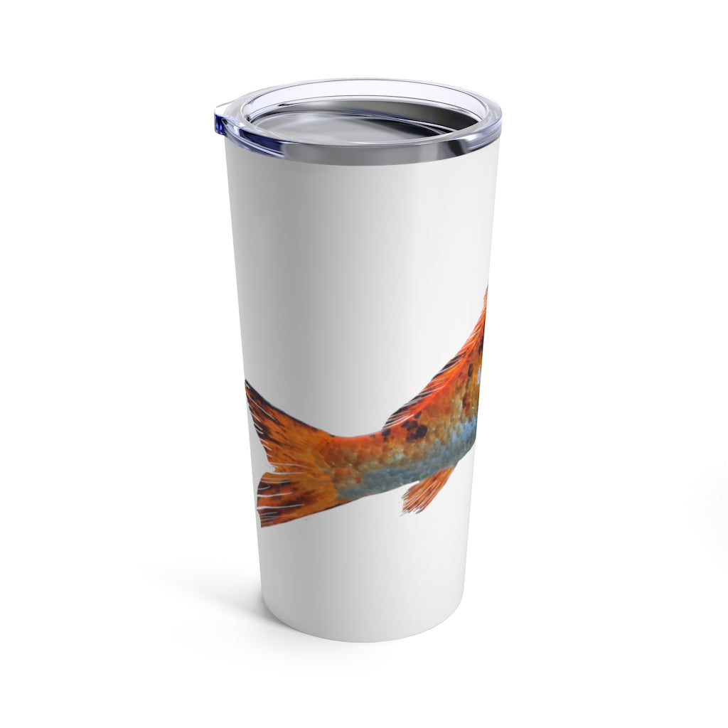 Orange Fish Tumbler 20oz made of stainless steel with a vibrant orange color and a see-thru plastic lid, perfect for travel and outdoor use.