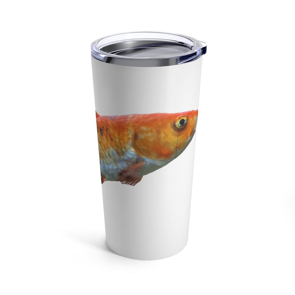 Orange Fish Tumbler 20oz made of stainless steel with a vibrant orange color and a see-thru plastic lid, perfect for travel and outdoor use.