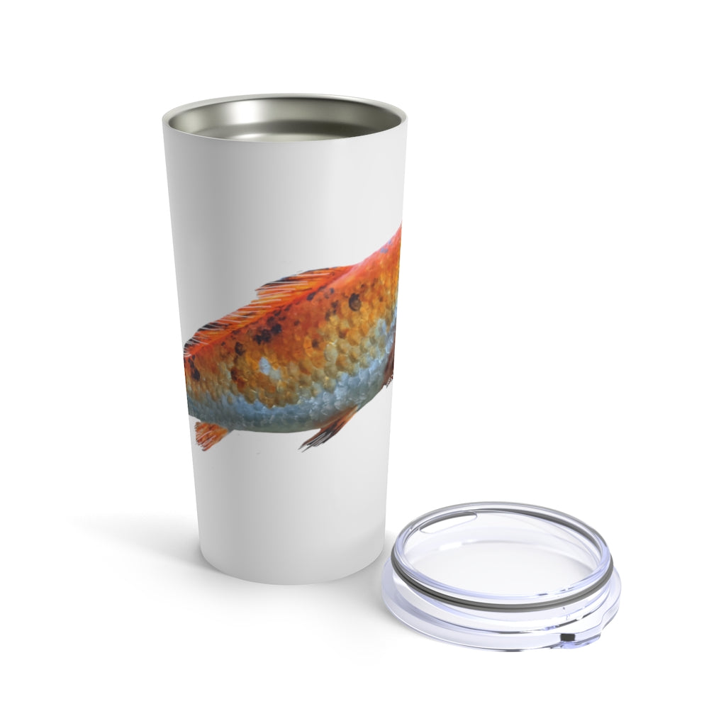 Orange Fish Tumbler 20oz made of stainless steel with a vibrant orange color and a see-thru plastic lid, perfect for travel and outdoor use.