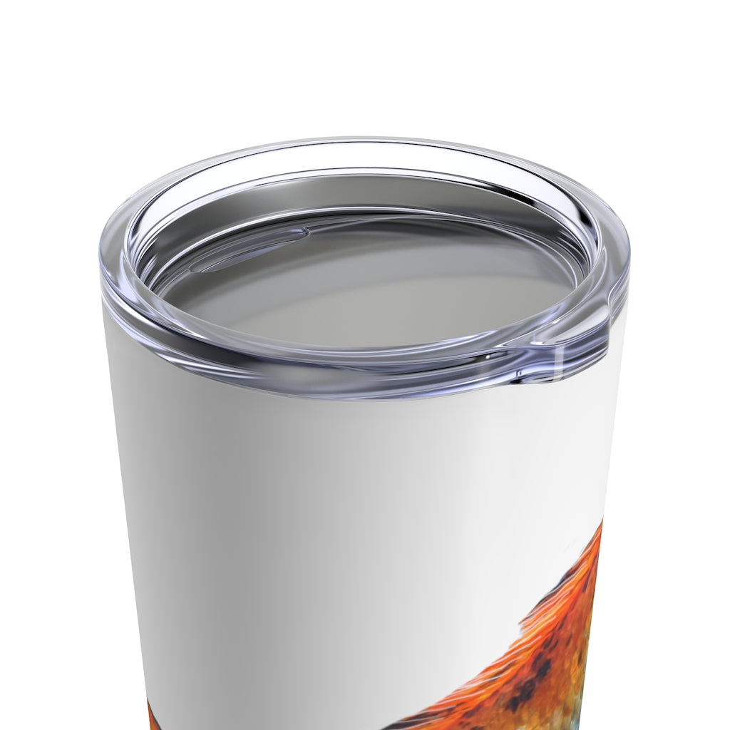 Orange Fish Tumbler 20oz made of stainless steel with a vibrant orange color and a see-thru plastic lid, perfect for travel and outdoor use.