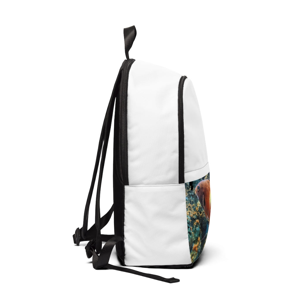 Orange Fish Unisex Fabric Backpack featuring a stylish design, padded back panel, and adjustable shoulder straps, perfect for school and outdoor use.