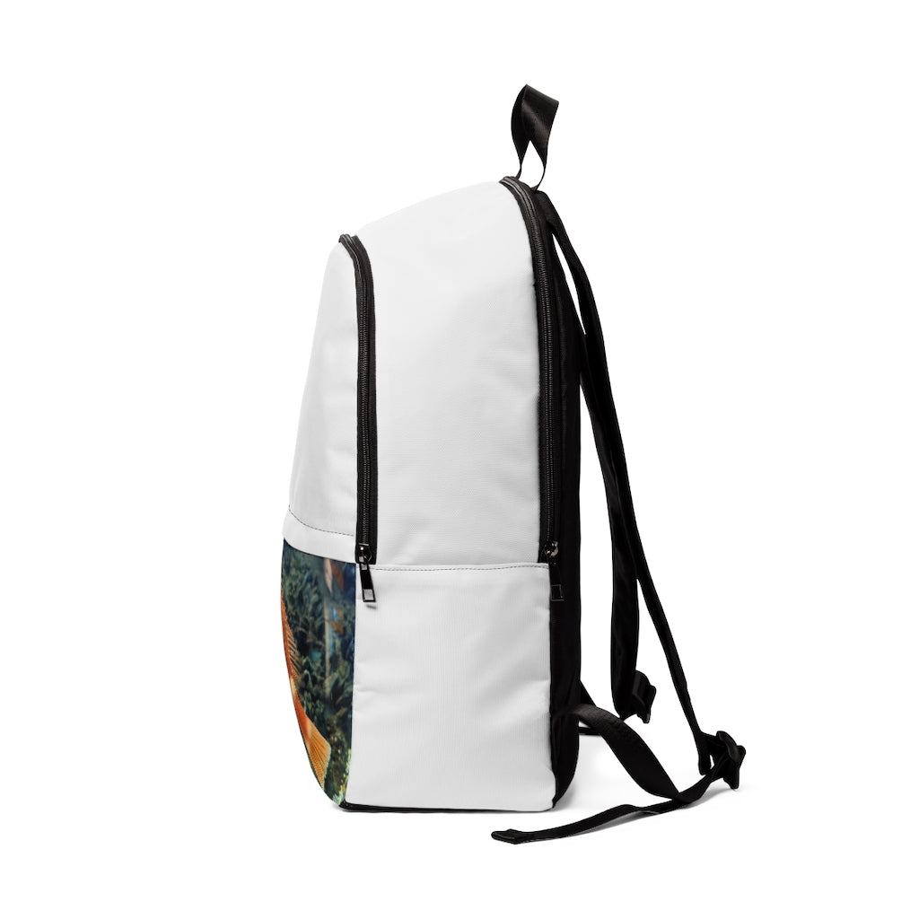 Orange Fish Unisex Fabric Backpack featuring a stylish design, padded back panel, and adjustable shoulder straps, perfect for school and outdoor use.