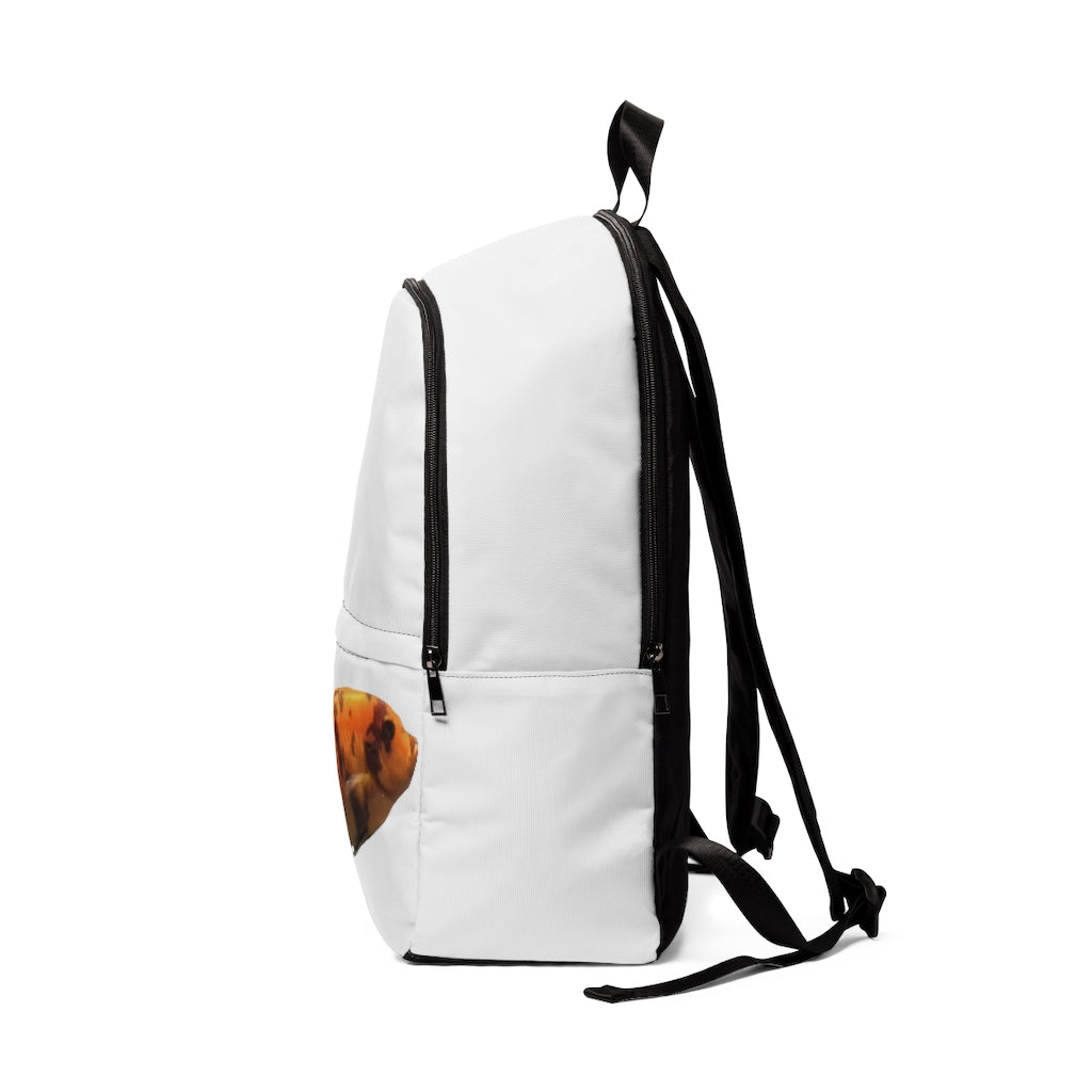 Orange Fish Unisex Fabric Backpack showcasing its stylish design, padded back panel, and adjustable shoulder straps, perfect for school and travel.