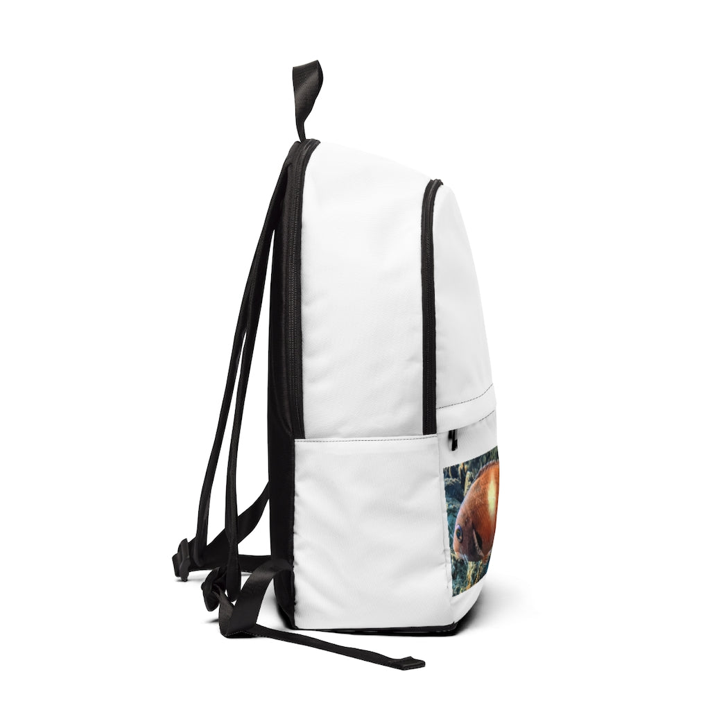 Orange Fish Unisex Fabric Backpack featuring a stylish design, padded back panel, and adjustable straps, perfect for school and travel.