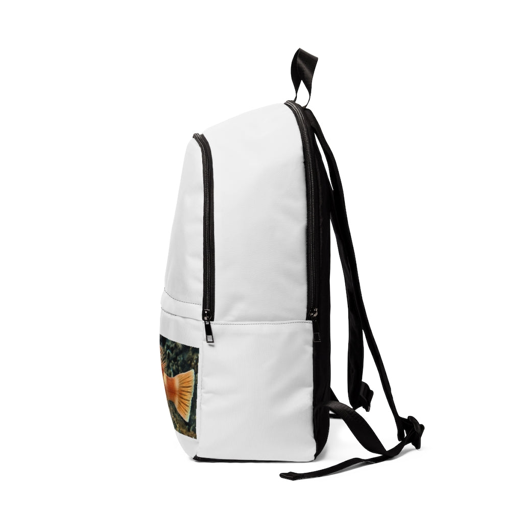 Orange Fish Unisex Fabric Backpack featuring a stylish design, padded back panel, and adjustable straps, perfect for school and travel.