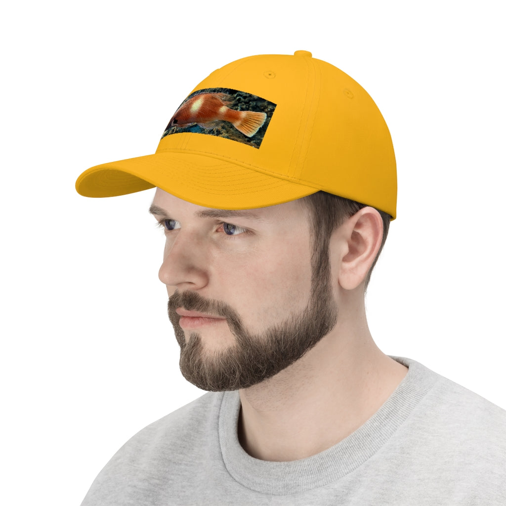 Orange Fish Unisex Twill Hat featuring a classic 6-panel design and adjustable Velcro closure, made from 100% cotton twill.