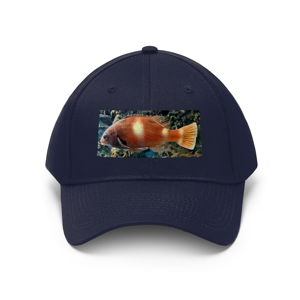 Orange Fish Unisex Twill Hat featuring a classic 6-panel design and adjustable Velcro closure, made from 100% cotton twill.