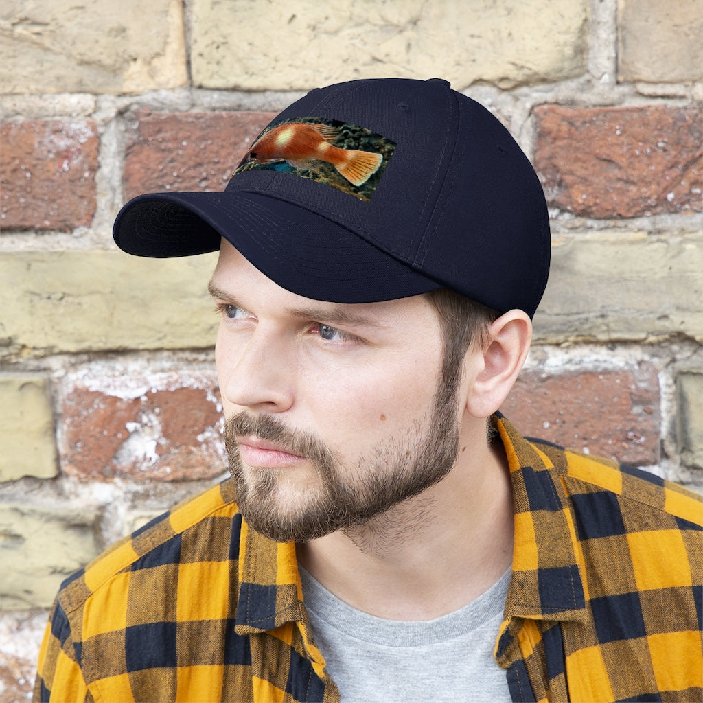 Orange Fish Unisex Twill Hat featuring a classic 6-panel design and adjustable Velcro closure, made from 100% cotton twill.