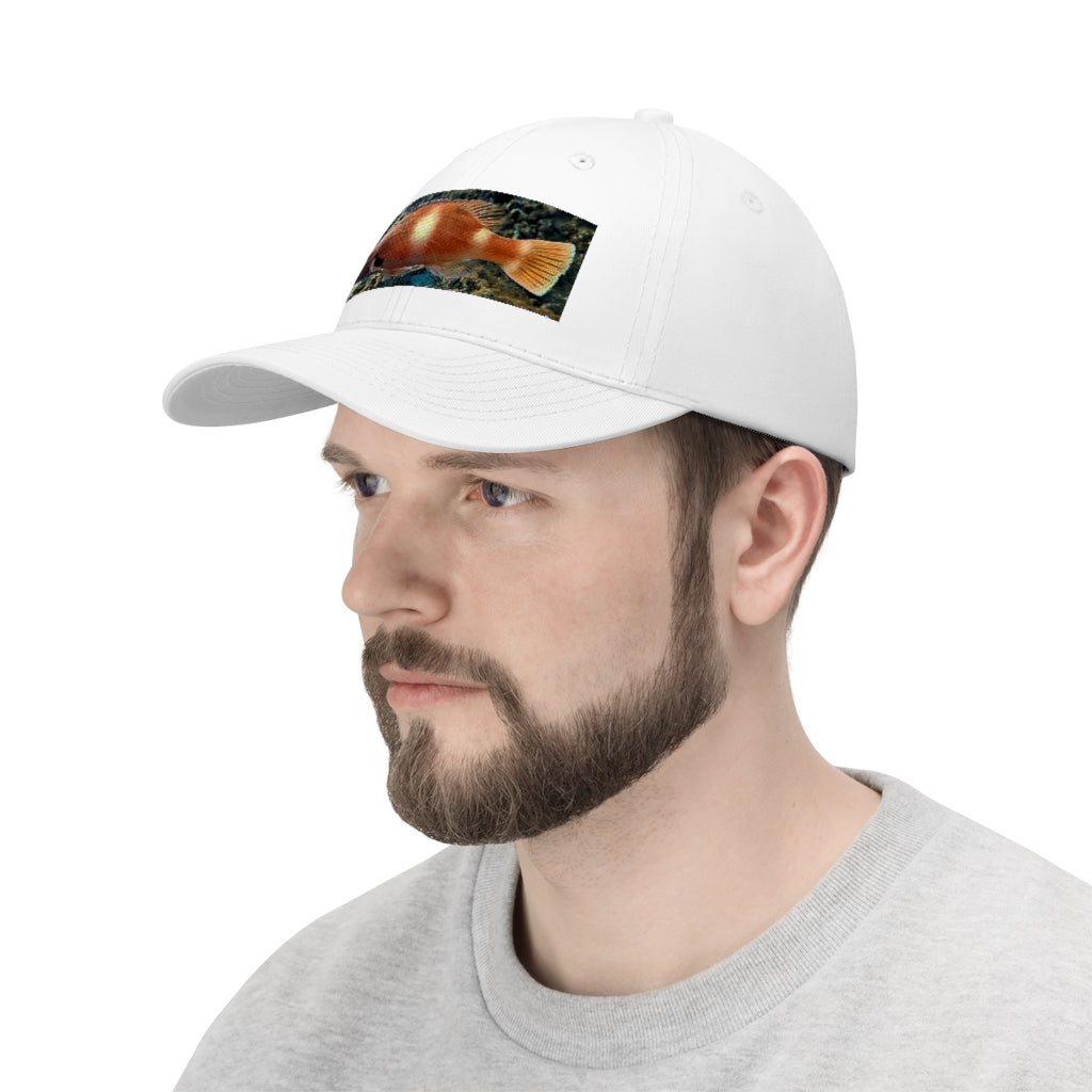 Orange Fish Unisex Twill Hat featuring a classic 6-panel design and adjustable Velcro closure, made from 100% cotton twill.