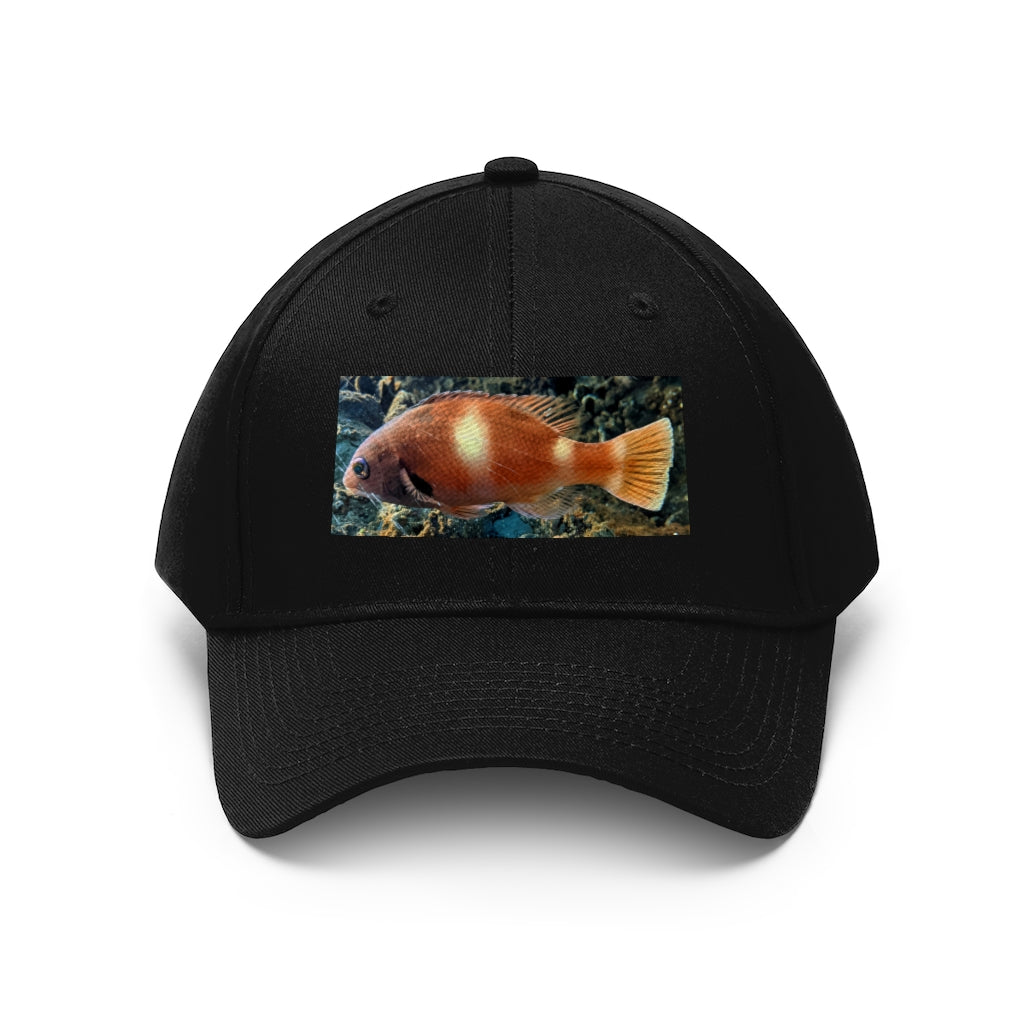 Orange Fish Unisex Twill Hat featuring a classic 6-panel design and adjustable Velcro closure, made from 100% cotton twill.