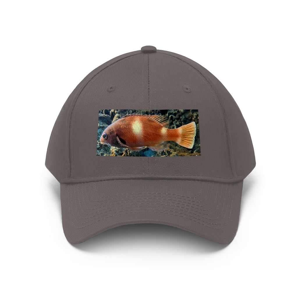 Orange Fish Unisex Twill Hat featuring a classic 6-panel design and adjustable Velcro closure, made from 100% cotton twill.