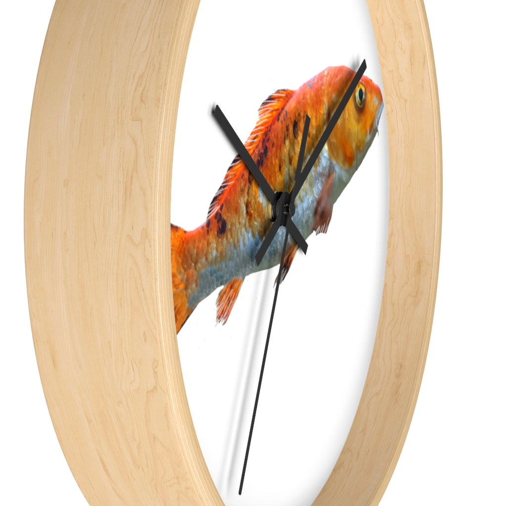 A vibrant orange fish wall clock with a wooden frame and plexiglass face, showcasing a unique design perfect for indoor decor.