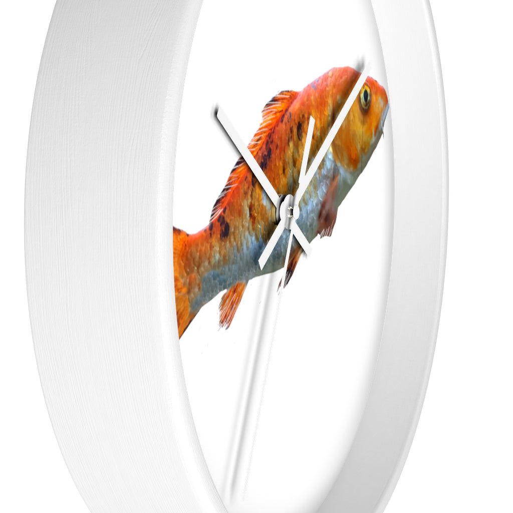 A vibrant orange fish wall clock with a wooden frame and plexiglass face, showcasing a unique design perfect for indoor decor.