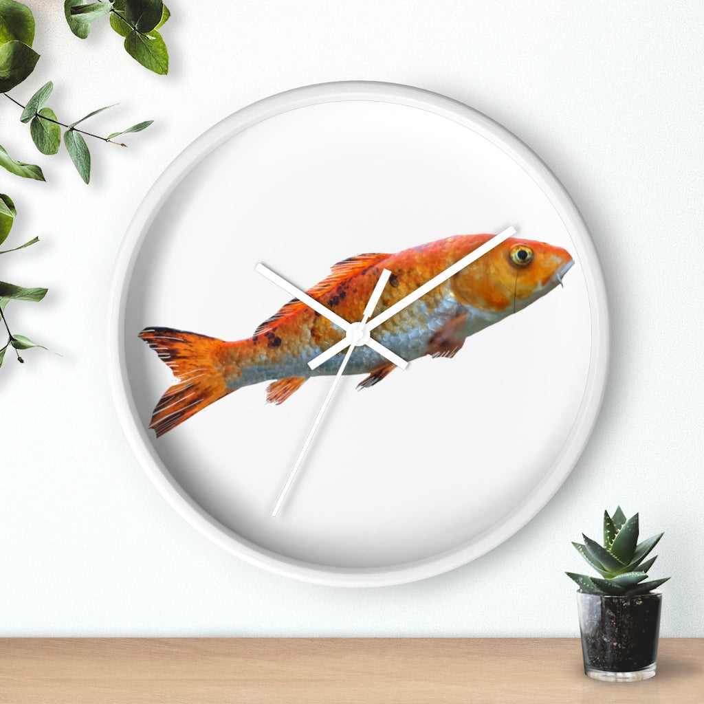 A vibrant orange fish wall clock with a wooden frame and plexiglass face, showcasing a unique design perfect for indoor decor.