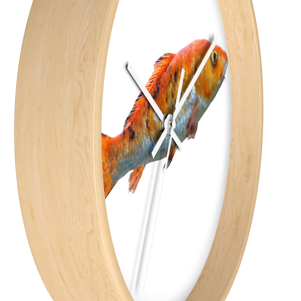 A vibrant orange fish wall clock with a wooden frame and plexiglass face, showcasing a unique design perfect for indoor decor.