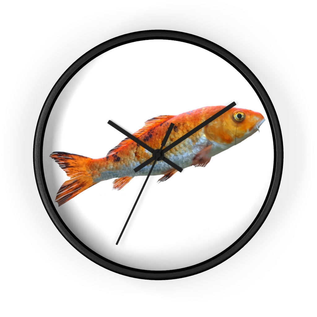 A vibrant orange fish wall clock with a wooden frame and plexiglass face, showcasing a unique design perfect for indoor decor.