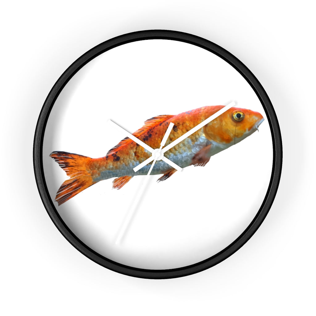 A vibrant orange fish wall clock with a wooden frame and plexiglass face, showcasing a unique design perfect for indoor decor.