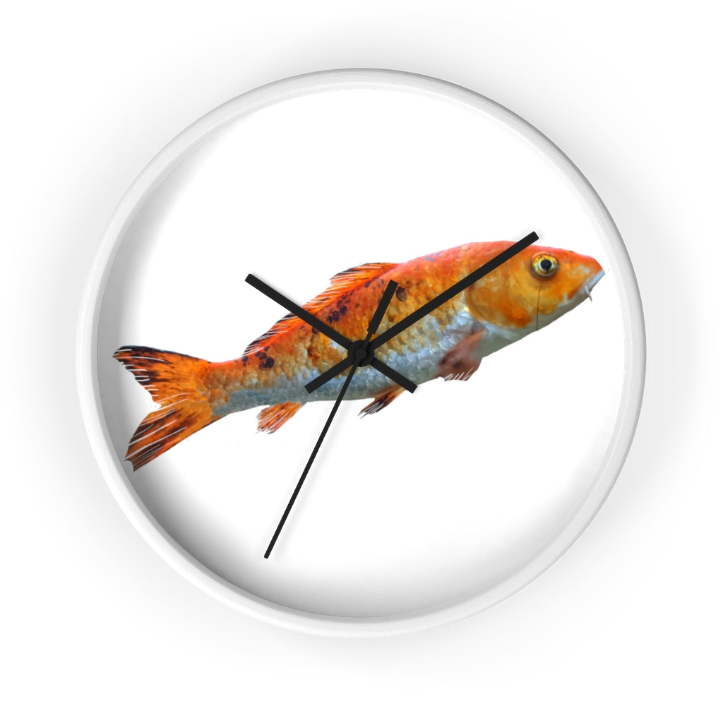 A vibrant orange fish wall clock with a wooden frame and plexiglass face, showcasing a unique design perfect for indoor decor.