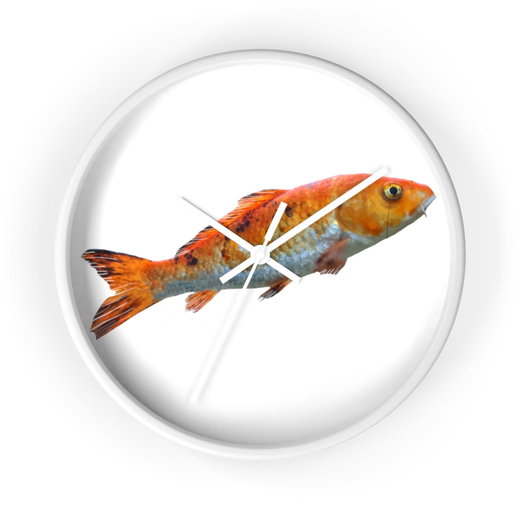 A vibrant orange fish wall clock with a wooden frame and plexiglass face, showcasing a unique design perfect for indoor decor.