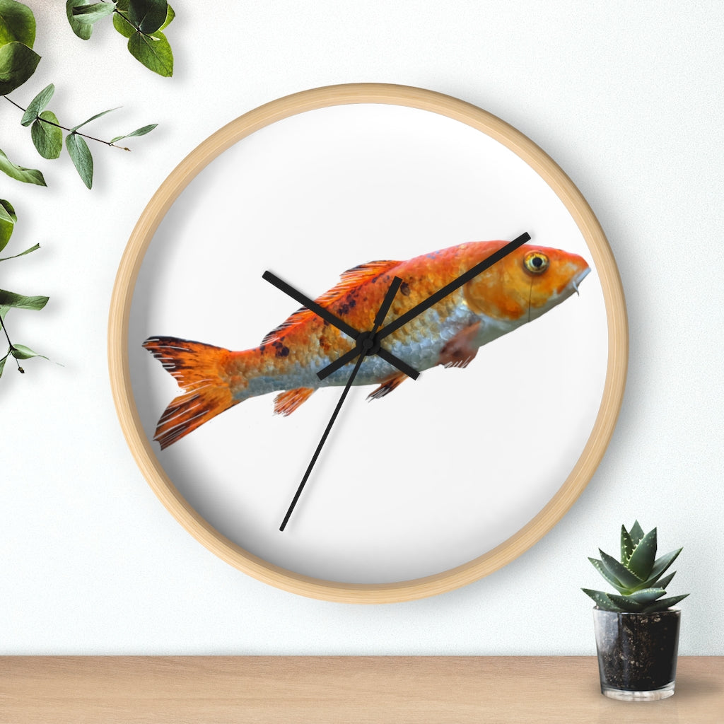 A vibrant orange fish wall clock with a wooden frame and plexiglass face, showcasing a unique design perfect for indoor decor.