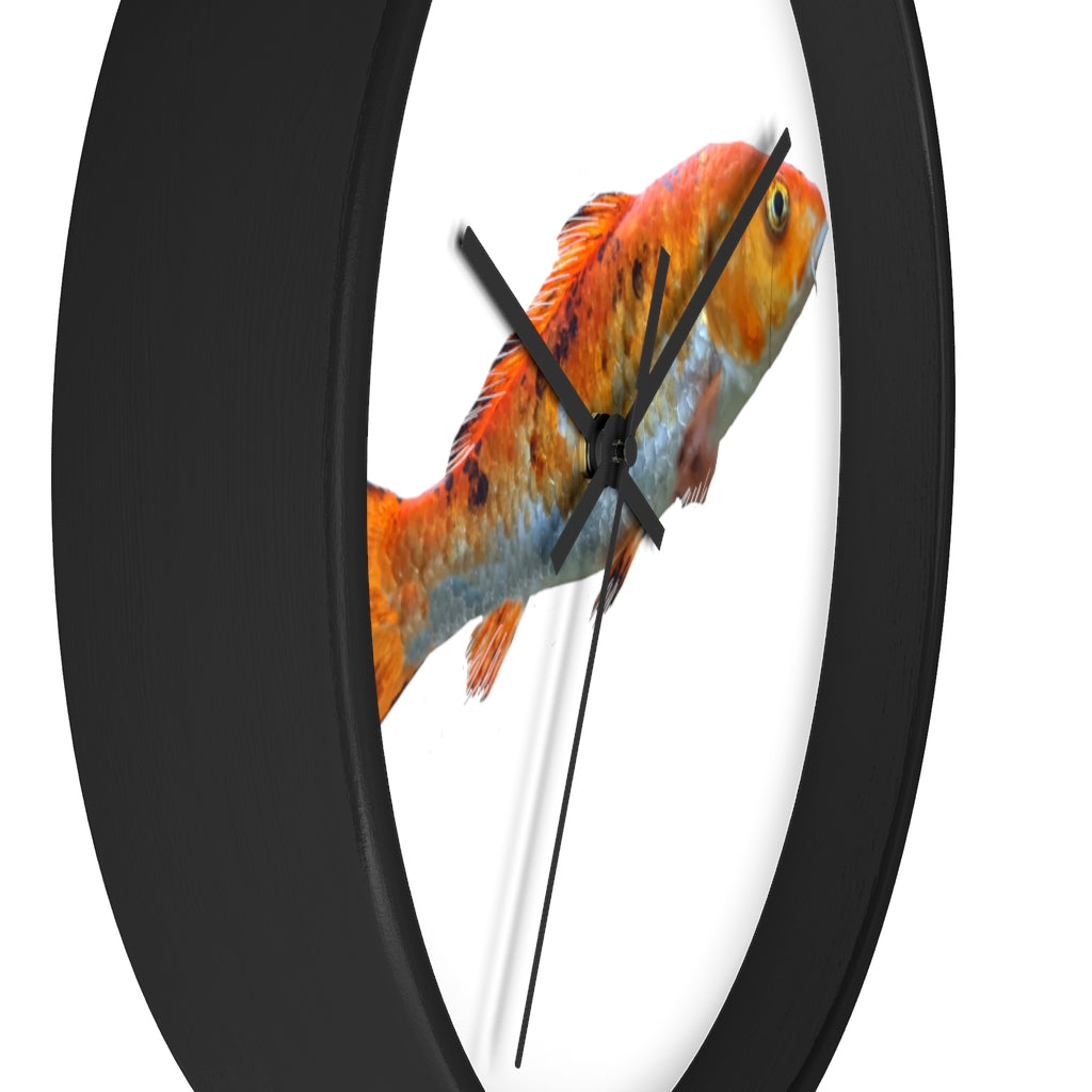 A vibrant orange fish wall clock with a wooden frame and plexiglass face, showcasing a unique design perfect for indoor decor.