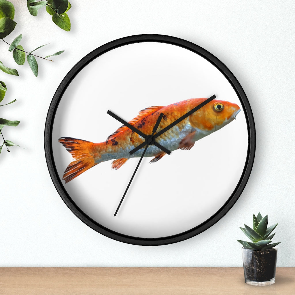 A vibrant orange fish wall clock with a wooden frame and plexiglass face, showcasing a unique design perfect for indoor decor.