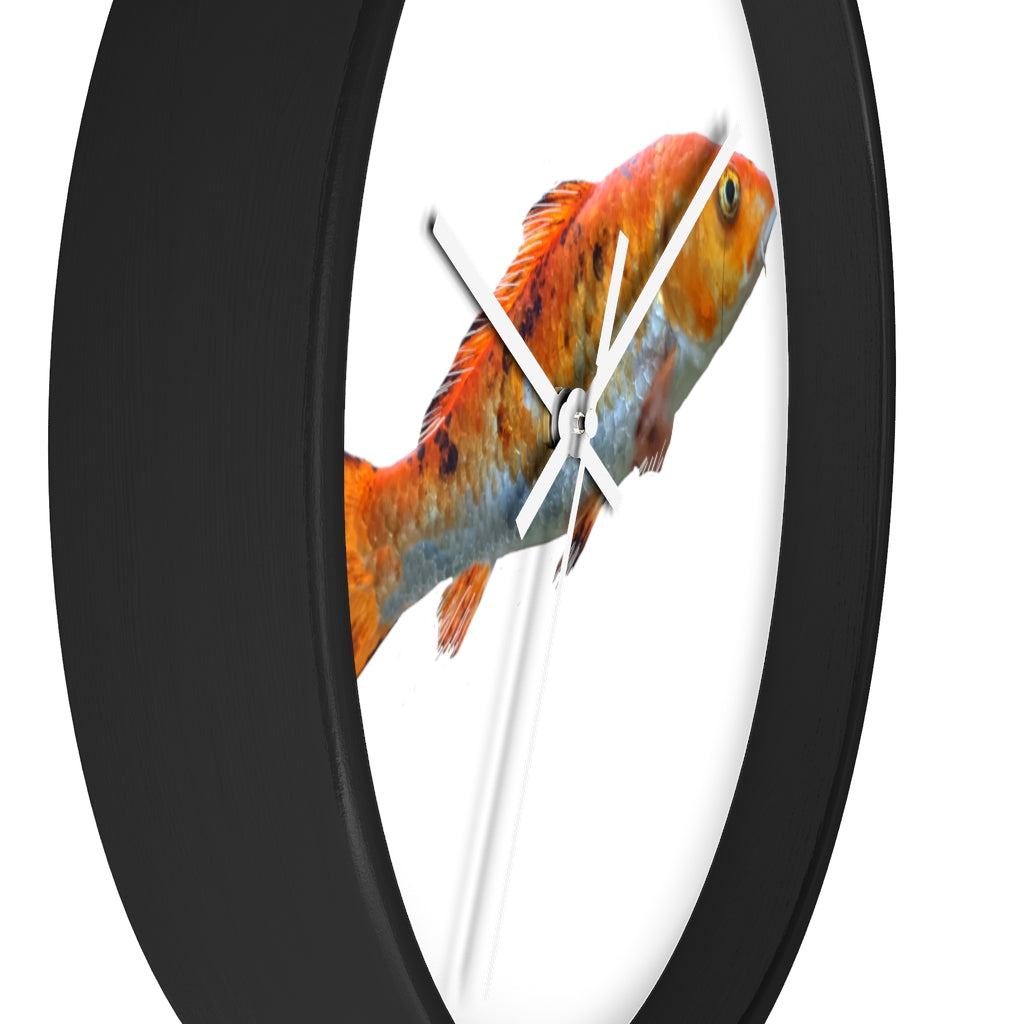 A vibrant orange fish wall clock with a wooden frame and plexiglass face, showcasing a unique design perfect for indoor decor.