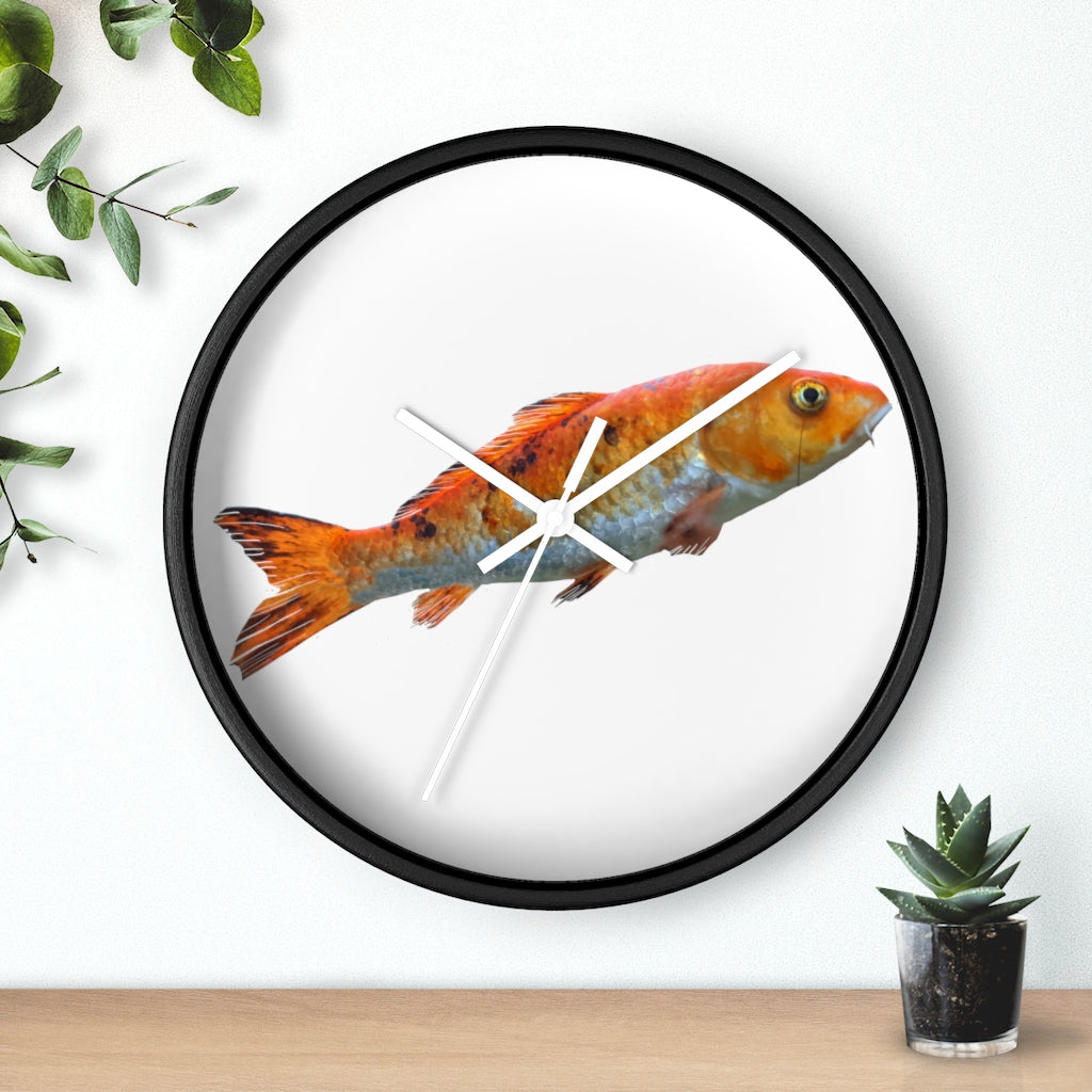 A vibrant orange fish wall clock with a wooden frame and plexiglass face, showcasing a unique design perfect for indoor decor.