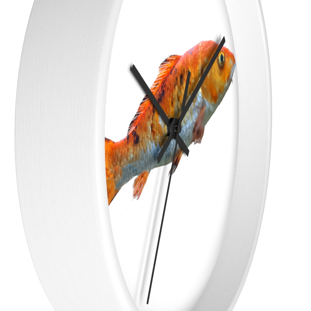 A vibrant orange fish wall clock with a wooden frame and plexiglass face, showcasing a unique design perfect for indoor decor.