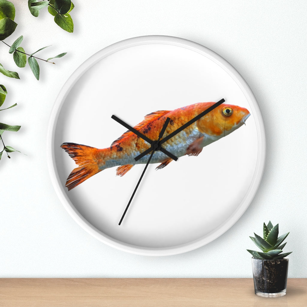 A vibrant orange fish wall clock with a wooden frame and plexiglass face, showcasing a unique design perfect for indoor decor.