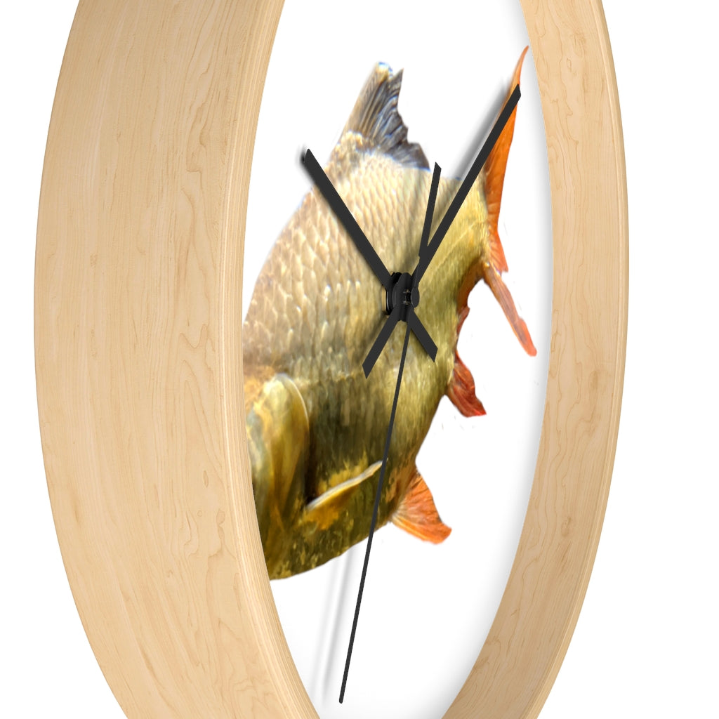 A vibrant orange fish wall clock with a wooden frame and plexiglass face, showcasing a unique design perfect for indoor decor.