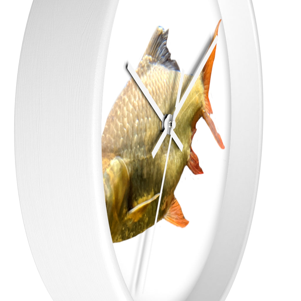 A vibrant orange fish wall clock with a wooden frame and plexiglass face, showcasing a unique design perfect for indoor decor.