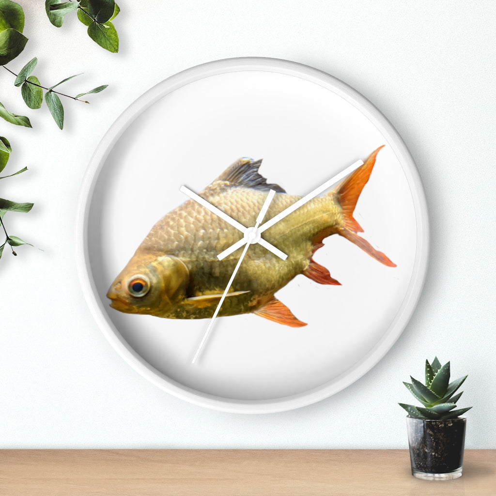 A vibrant orange fish wall clock with a wooden frame and plexiglass face, showcasing a unique design perfect for indoor decor.