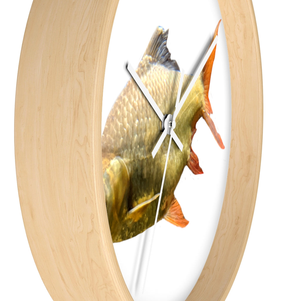 A vibrant orange fish wall clock with a wooden frame and plexiglass face, showcasing a unique design perfect for indoor decor.