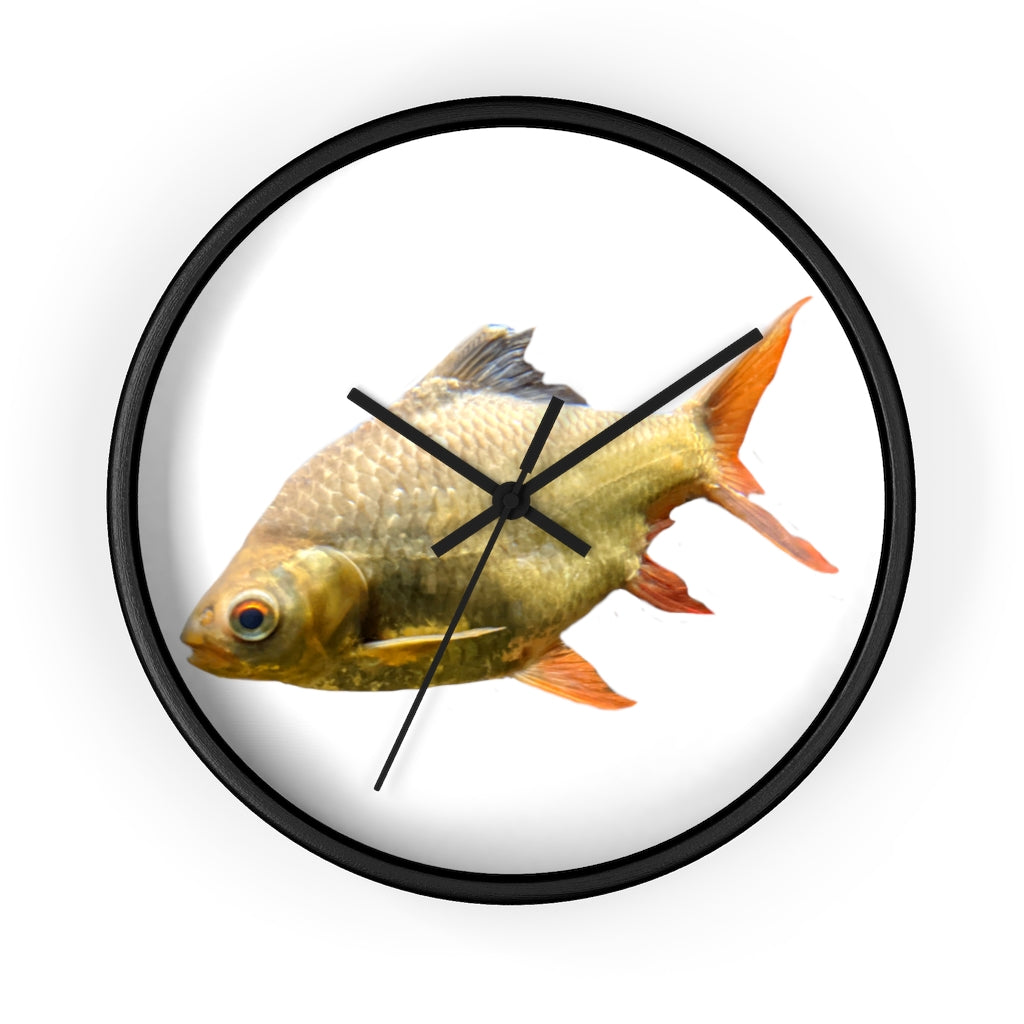 A vibrant orange fish wall clock with a wooden frame and plexiglass face, showcasing a unique design perfect for indoor decor.