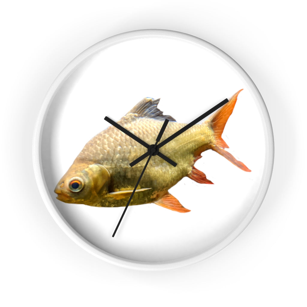 A vibrant orange fish wall clock with a wooden frame and plexiglass face, showcasing a unique design perfect for indoor decor.