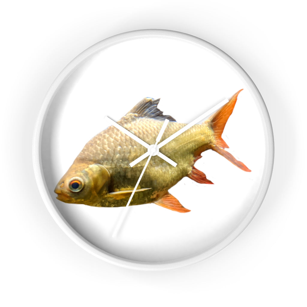 A vibrant orange fish wall clock with a wooden frame and plexiglass face, showcasing a unique design perfect for indoor decor.