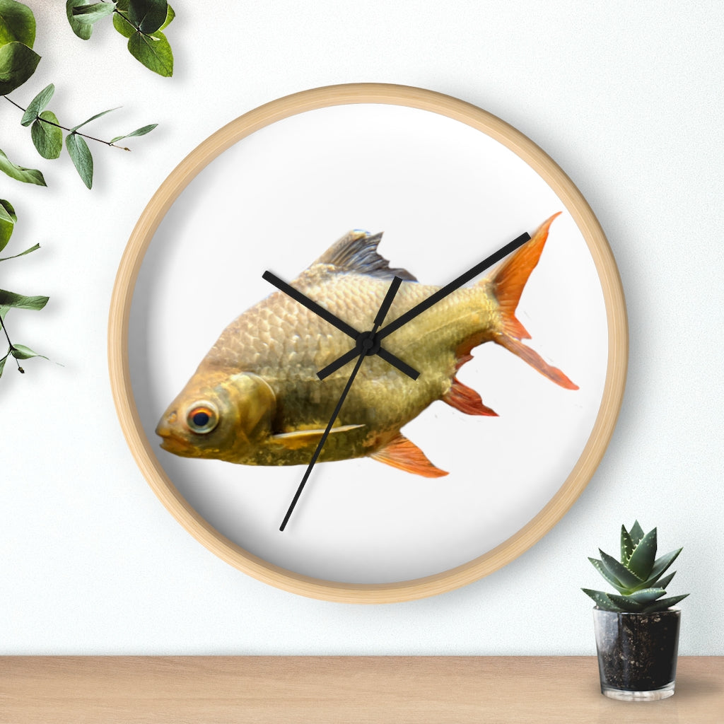 A vibrant orange fish wall clock with a wooden frame and plexiglass face, showcasing a unique design perfect for indoor decor.