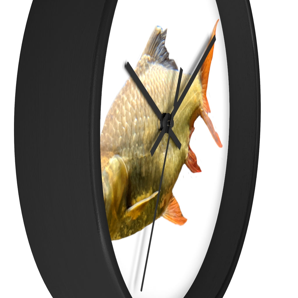 A vibrant orange fish wall clock with a wooden frame and plexiglass face, showcasing a unique design perfect for indoor decor.