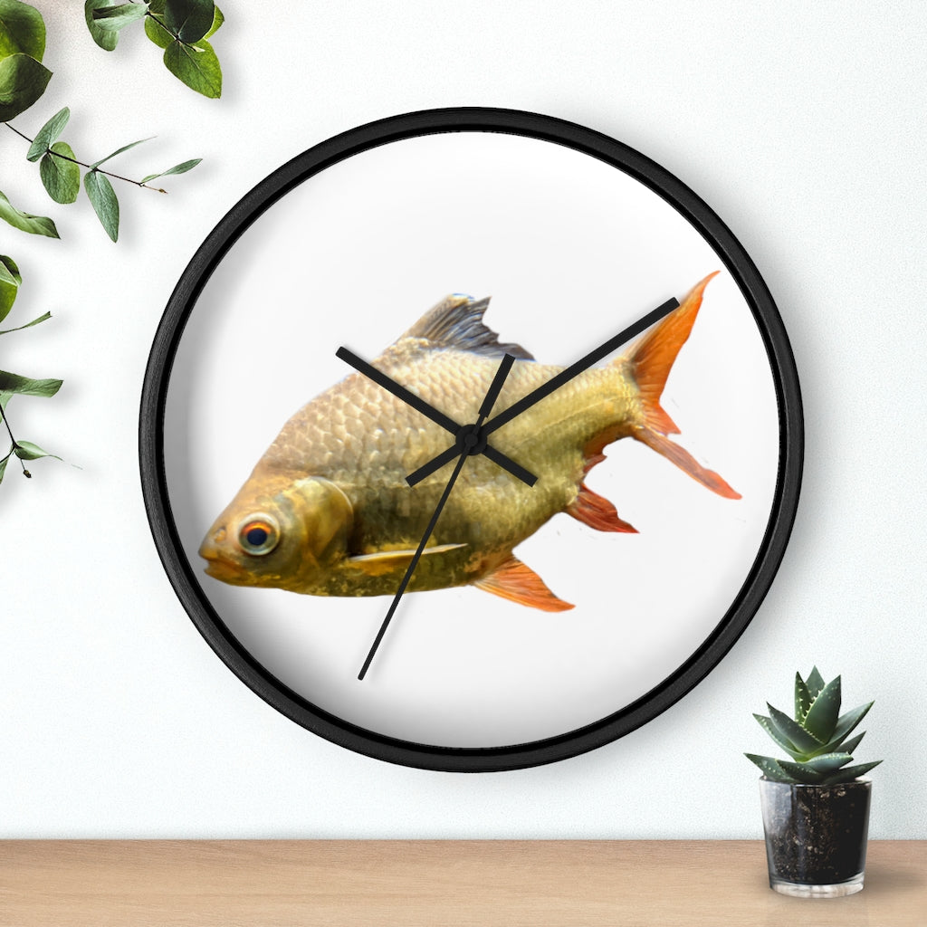 A vibrant orange fish wall clock with a wooden frame and plexiglass face, showcasing a unique design perfect for indoor decor.