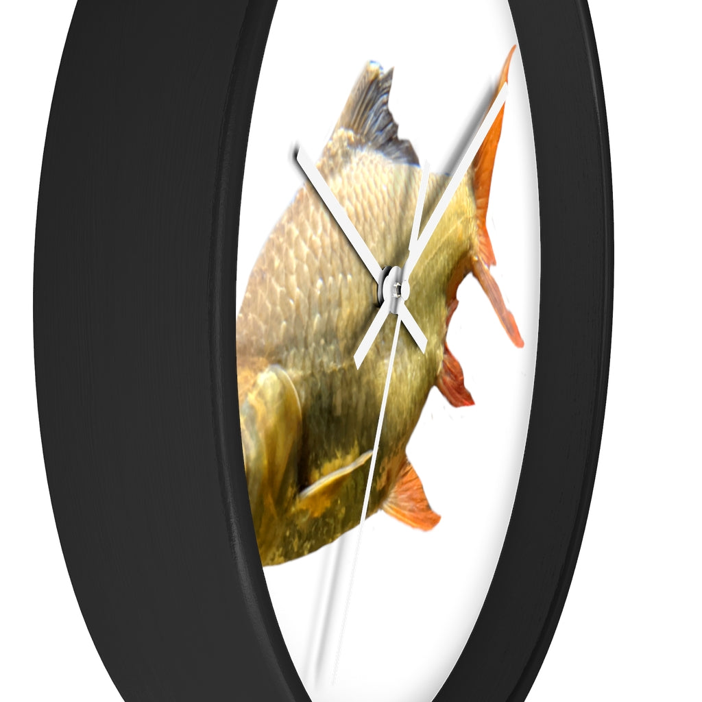 A vibrant orange fish wall clock with a wooden frame and plexiglass face, showcasing a unique design perfect for indoor decor.