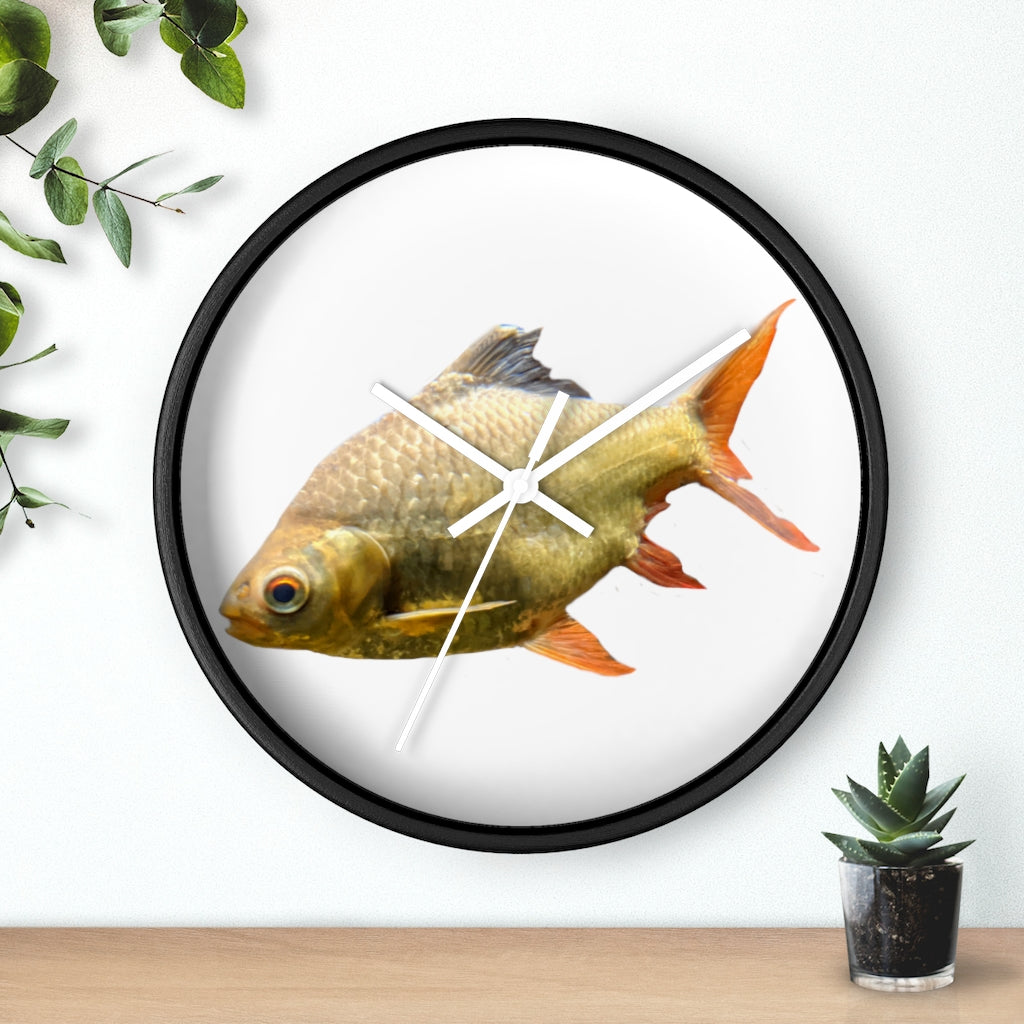 A vibrant orange fish wall clock with a wooden frame and plexiglass face, showcasing a unique design perfect for indoor decor.