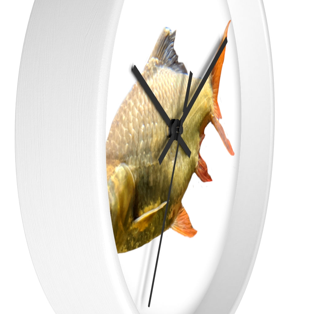 A vibrant orange fish wall clock with a wooden frame and plexiglass face, showcasing a unique design perfect for indoor decor.